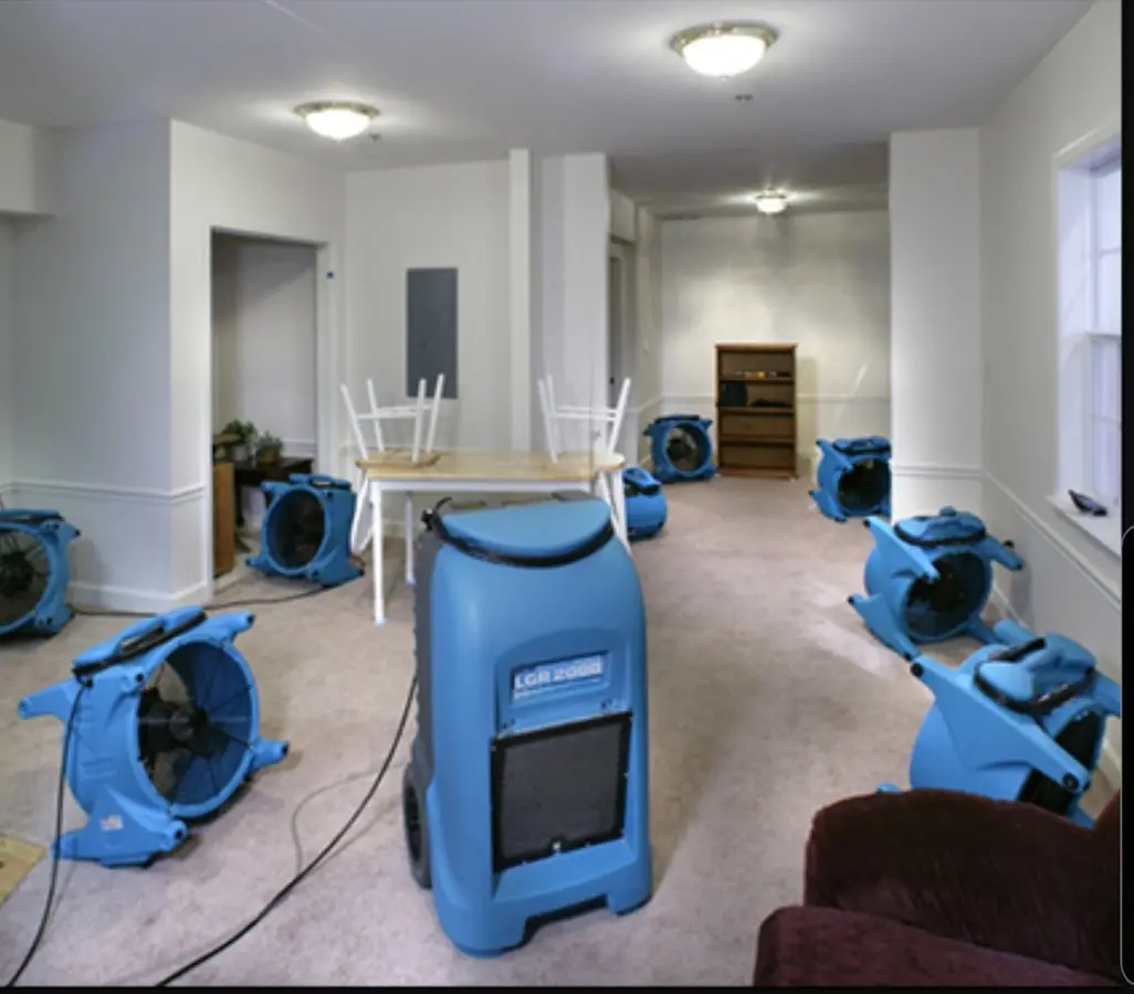 Air movers and dehumidifier setup for Water Damage Restoration in Yorkshire